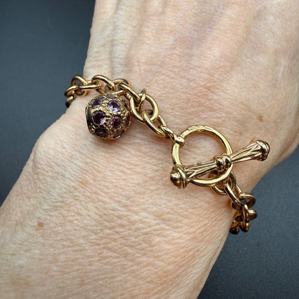 Vintage Prime Art 925 Sterling Vermeil Genuine Ruby Ball Charm Toggle Bracelet